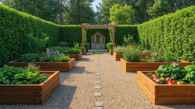 Symmetrical backyard garden featuring raised wooden beds, gravel paths, and a charming greenhouse under a pergola, perfect for fresh produce