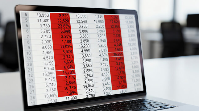 A laptop screen displays a spreadsheet with numerical data and percentages, featuring red highlights indicating specific values, likely related to financial or business analysis