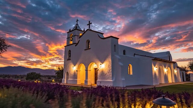 Historic adobe mission building silhouetted against vivid sunset sky and colorful clouds evening landscape