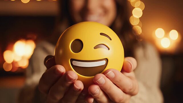 Woman holding a winking emoji with festive bokeh lights in background