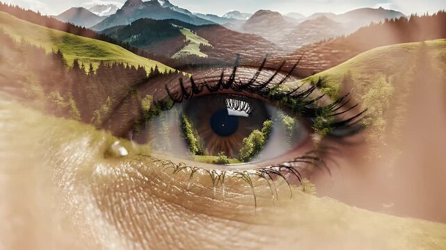 Close-up of a human eye with a mountain landscape superimposed on the iris and surrounding skin