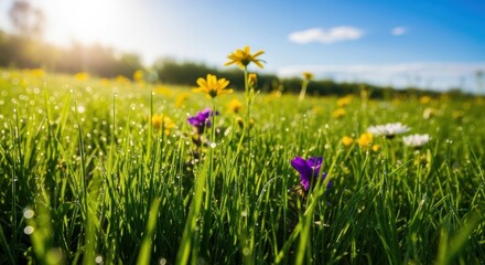 Obraz premium Vibrant Wildflower Meadow with Morning Dew Beneath a Clear Blue Sky