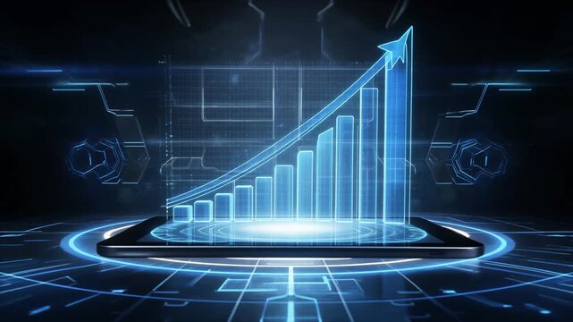 Futuristic holographic bar chart rising from a tablet, neon blue cyber-tech interface, high-tech data visualization