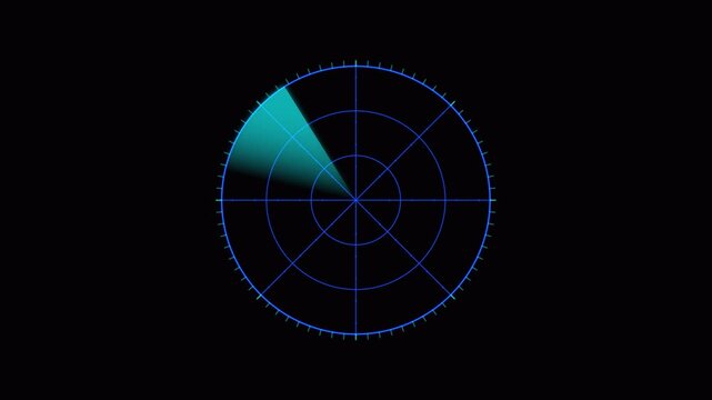 Blue neon cyber radar sweeping across a circular grid interface on dark background. Futuristic scanning display for HUD visuals. Seamless loop animation with alpha channel transparency.