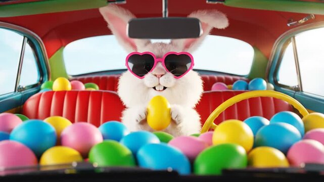 Cute Easter Bunny with Car full of colorful eggs