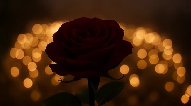 Enchanted red rose with magical bokeh lights, a symbol of everlasting love