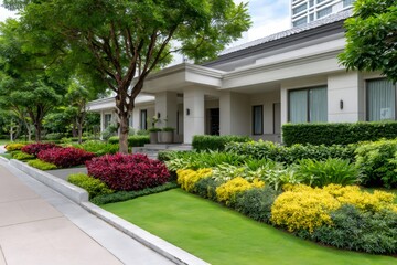 Modern house facade with beautiful manicured garden landscaping