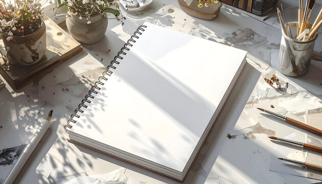 Open Spiral Notebook on Studio Desk with Art Supplies