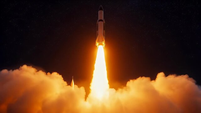 Spectacular view of a rocket launching into space, bursting through clouds of fire