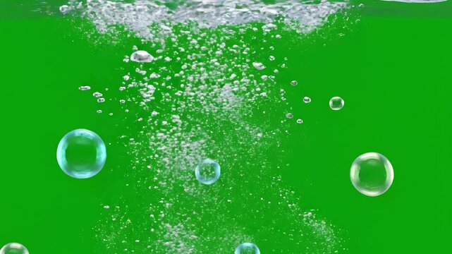 Green Screen water bubbles filled carbon dioxide and float upwards 4k 3d loop animation soda ocean air sea aqua bath soap liquid underwater drops drink splashes fizz waterdrop scene 4 with distortion