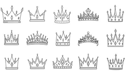 A collection of crown icons in a minimalist line art style © MdAtaur