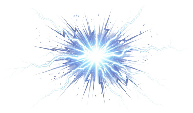 A vibrant blue explosion with lightning bolts on a white background
