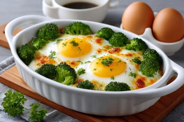 Baked eggs with broccoli and cheese for breakfast