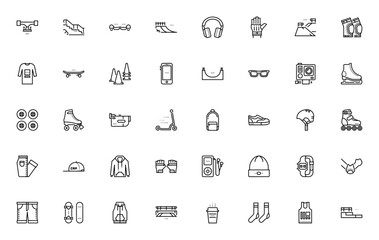 Skateboarding icon set. Vector sports collection featuring skateboard, helmet, ramp, roller skates, sneakers, protection gear and more. Editable thin line icons.