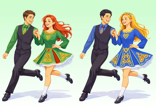 071-46-Four young dancers performing a step dance in traditional irish costumes with celtic knot patterns