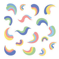 Colorful, abstract shapes scattered on a white background, playful and vibrant