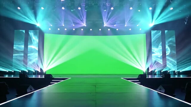 Green Screen motion empty stage design for mockup and corporate identity display in hall blank graphic resources scene event led night light staging animation loop 4k 3d render 3 with distortion