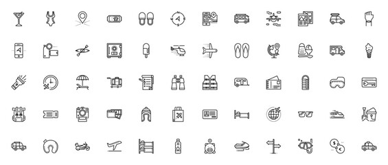 Traveling icon set. Vector illustration of vacation items including cocktail, swimsuit, backpack, ticket, camera, passport and more for travel themes. © wang