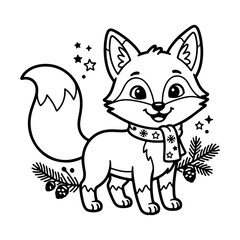 Obraz premium Cute Cartoon Fox Line Art - Winter Themed Fox with Scarf and Pine Branches for Coloring Book