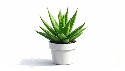 Fototapeta premium Aloe Vera plant in white pot sits against white backdrop, displaying healthy leaves and spikes
