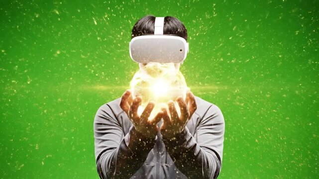 Green Screen young man in virtual reality headset standing against catching something invisible scene 3 with distortion, overlay, glitch, static noise, scan lines on black background, 4k animated