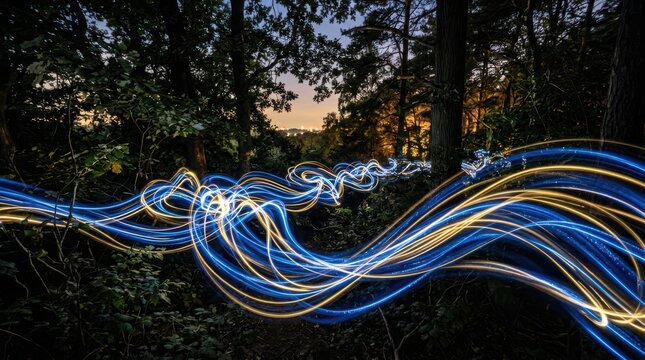 Abstract light trails glowing in a dark forest at night