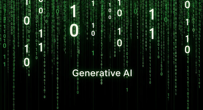 Digital matrix background featuring glowing green binary digits zero and one falling down a dark black screen representing data stream, cybersecurity, programming, and virtual computer coding.