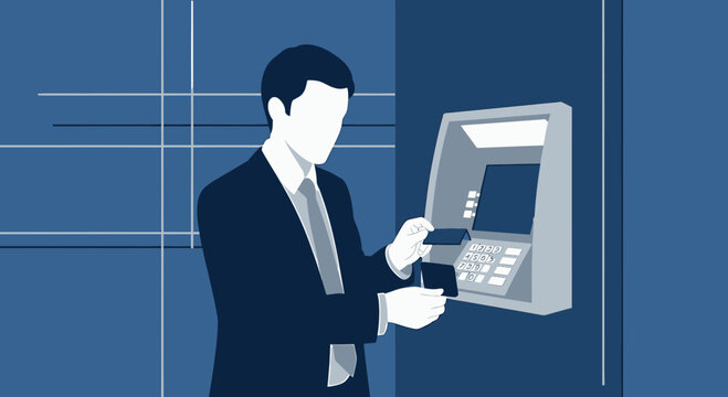 Businessman using ATM for banking transaction, inserting credit card into machine