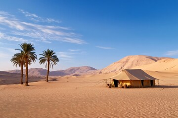 Desert camp tent with palm trees and sand dunes
