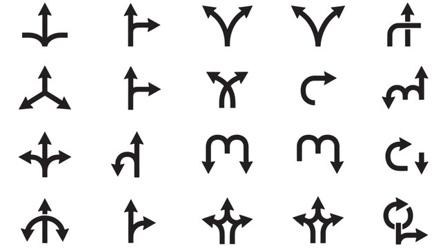Arrows icon set with various directional choices including splits, turns, and curves for navigation and indicating movement.