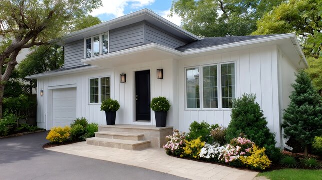 Modern home exterior with white board and batten siding