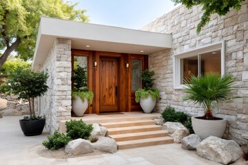 Fototapeta premium Modern luxury home entrance with stone walls