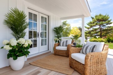 Fototapeta premium Outdoor living space featuring wicker furniture and blooming hydrangeas