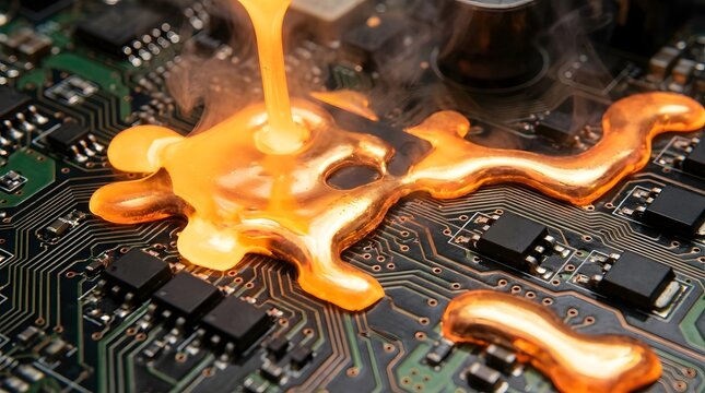 Application of bright orange thermal paste onto a complex printed circuit board with surface mounted components