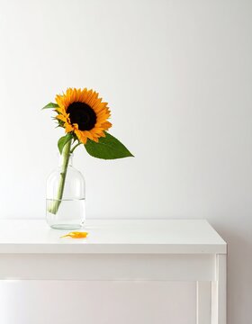 Single sunflower blooms in glass vase, placed atop white table against white wall background.