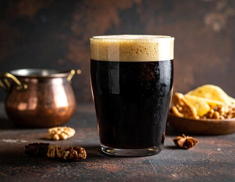 Glass of dark ale with frothy head, snacks, and copper pot