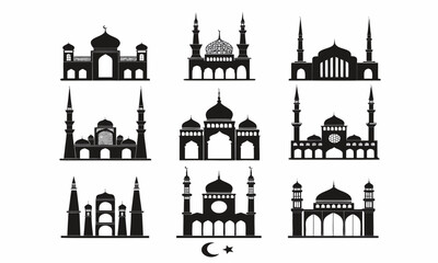 Fototapeta premium Collection of stylized black silhouettes depicting various islamic mosques and architectural elements high quality professional detailed
