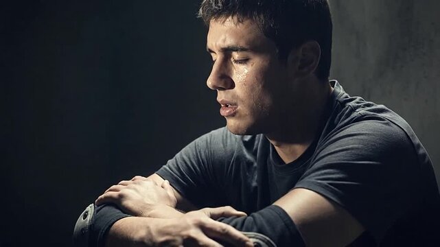 Moody dark studio portrait of a pensive man with arms crossed.