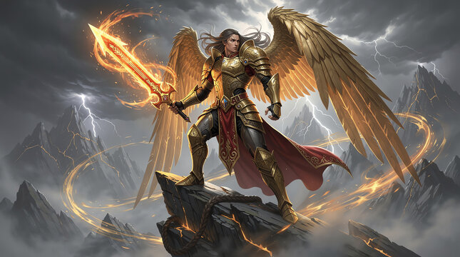 A powerful winged warrior clad in golden armor stands on a rocky peak, wielding a flaming sword amid a stormy sky with lightning and swirling magical energy