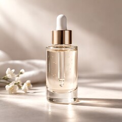 Naklejka premium Natural Skincare Serum Dropper Bottle with Soft Flowers Minimal Aesthetic