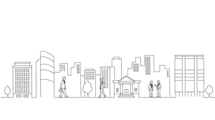 Cityscape line art with business people walking and talking in front of modern buildings and a classical bank structure.
