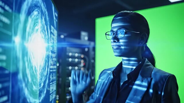 Green Screen the businesswoman looking on blue in dark lab scene 2 with distortion, overlay, glitch, static noise, scan lines black background, 4k animated video loop