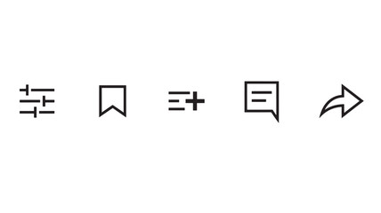 Obraz premium Icons for settings, bookmark, add to list, speech bubble, and share arrow in a simple line art style.