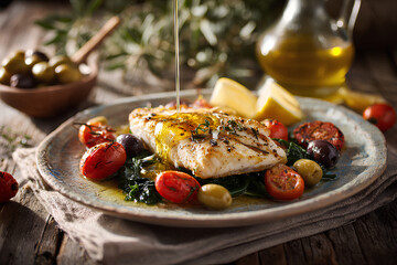 Mediterranean fish meal with olive oil tomatoes greens olives and lemon wellness nutrition concept