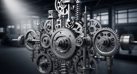 Obraz premium Complex mechanical gears and machinery parts in industrial setting