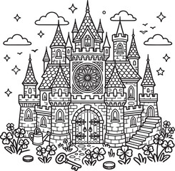 Naklejka premium Cute Fantasy Fairy Tale Castle Coloring Page for Kids Magical Kingdom Line Art Illustration