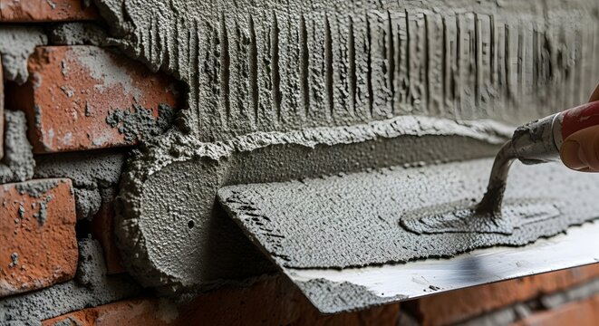 Close-up of a bricklayer applying mortar to a brick wall with a trowel.