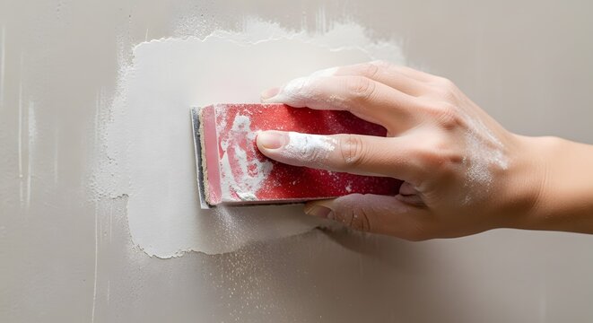 Close-up of a hand sanding a wall patch with a sanding block.