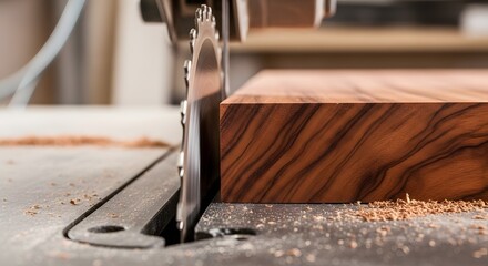 Close-up of a sharp circular saw blade cutting a piece of wood.