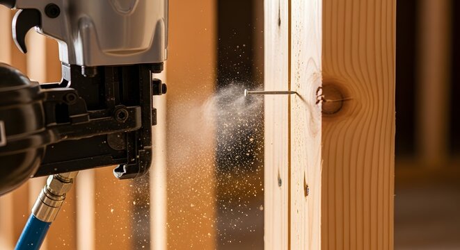 Close-up of a pneumatic nail gun driving a nail into a wooden stud during construction.